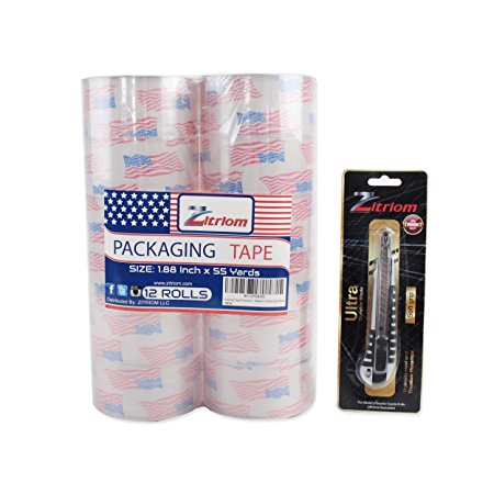 Packing Tape with Retractable Razor Knife Included - 55 Yards Each Roll (Set of 12)
