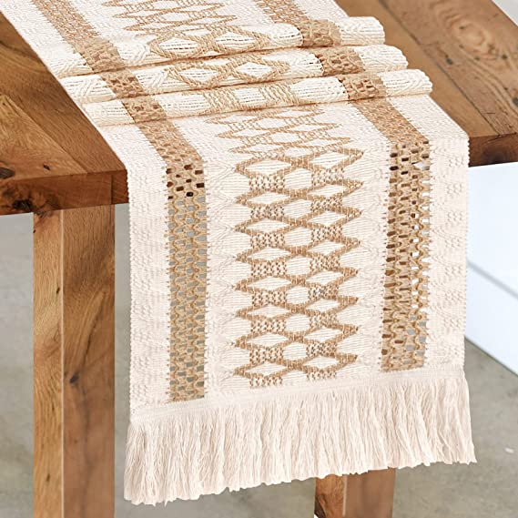 Senneny Macrame Table Runner, Cream Beige Boho Table Runner, Hand Woven Cotton and Burlap Splicing Table Runner, Rustic Farmhouse Runner for Bohemian, Fall, Kitchen Dining Table (12" × 108", Style 4)