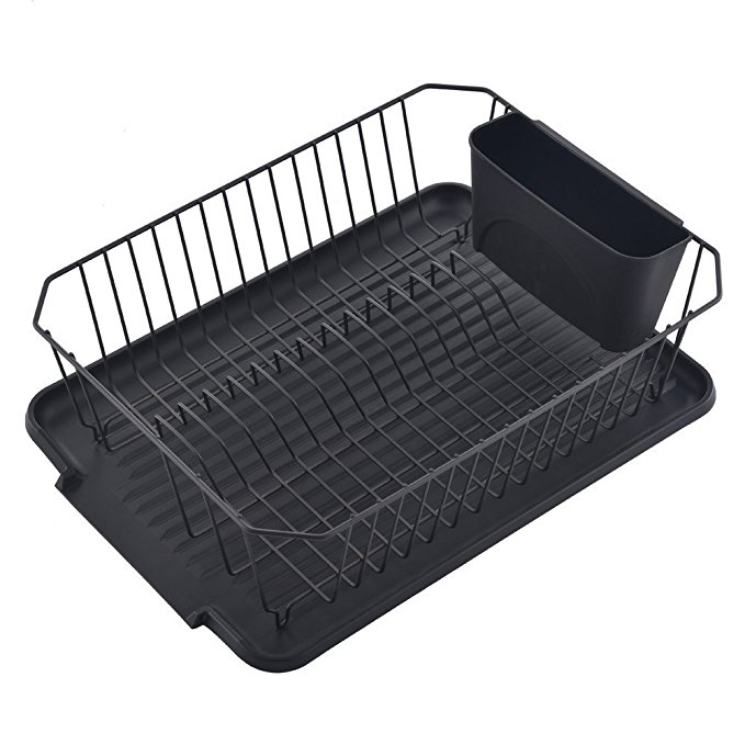 Wtape Modern Steel Rust Proof Kitchen Draining Dish Drying Rack, Black Dish Rack With Black Drainboard And Cutlery Holder