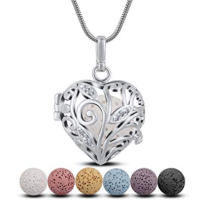 INFUSEU Lava Stone Essential Oil Diffuser Necklace for Women Aroma Therapy Locket Pendant Jewelry Set, 5 PCS Rocks