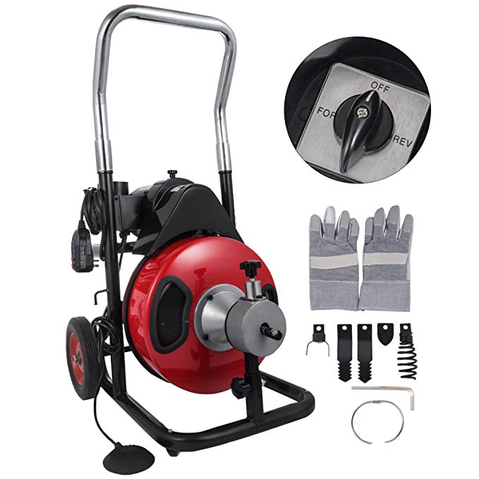 VEVOR 50 Feet by 1/2 Inch Electric Drain Auger with 4 Cutter & Foot Switch Drain Cleaner Machine Sewer Snake Drill Drain Auger Cleaner for 1" to 4" Pipes (50 Ft x 1/2 Inch with Wheel)