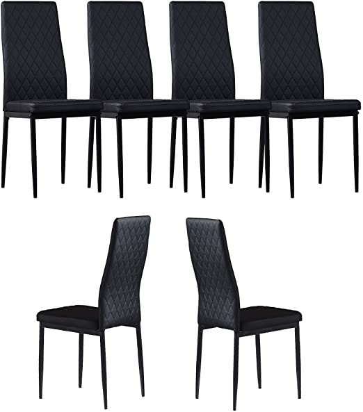 Set of 6 Leather Dining Chairs Set, with Upholstered Cushion & High Back, Powder Coated Metal Legs, Rhombus Pattern Seats, Household Home Kitchen Living Room Bedroom (Black)