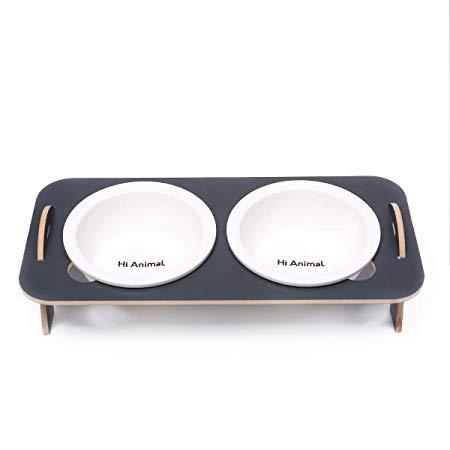 Hi Animal Double Cat Bowls Pet Dining Table with Wooden Elevated Stand Pet Bowls with Oblique Stand Perfect for Cat's and Small Dog's Healthier Eating Posture and Cervical Vertebra Protection