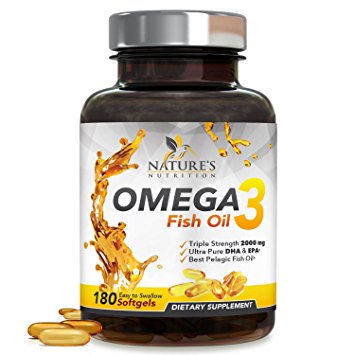 Omega 3 Fish Oil Supplement 2000mg - Best Sea Harvested Pelagic Fish Oil Supplement, High Potency EPA, DHA & Fatty Acids with XL Benefits, Burpless, Non-GMO, by Natures Nutrition - 180 Capsules