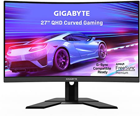 GIGABYTE G27QC 27" 165Hz 1440P Curved Gaming Monitor, 2560 x 1440 VA 1500R Display, 1ms (MPRT) Response Time, 92% DCI-P3, HDR Ready, FreeSync Premium, G-Sync Compatible Ready, 1x Display Port 1.4