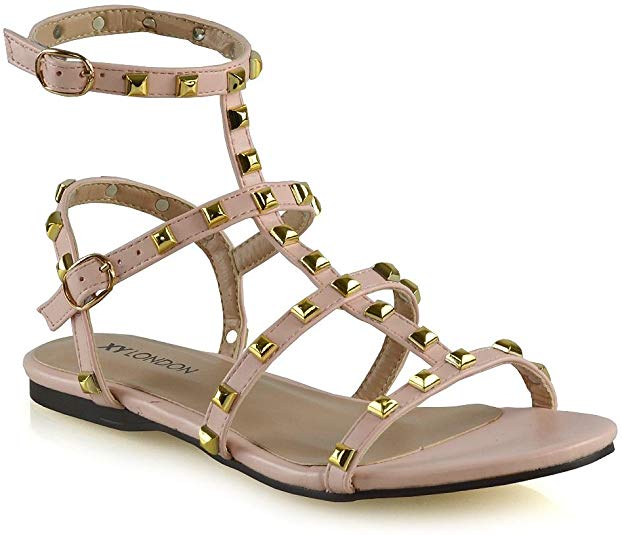 Womens Rivets Studded Strappy Flat Sandals Synthetic Leather Gladiator Buckle Shoes Size 3-8