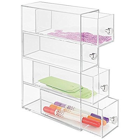 mDesign Office Supplies Desk Organizer for Paper Clips, Sticky Notes, Highlighters, Tape - 4 Drawers, Clear