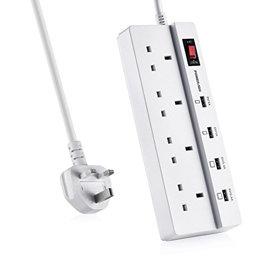 Poweradd 4-Outlet & 4 USB Output Extension Lead Power Strip, Surge Protector Power Socket With 5.9ft Power Cord, USB Charging Ports for Smartphones, Tablets, Desk Lamps, Computers, and More Devices (White, 4 AC & 4 USB)