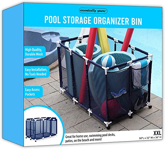 Essentially Yours Pool Noodles Holder, Toys, Floats, Balls and Floats Equipment Mesh Rolling Storage Organizer Bin, 50"x 32"x 36" , XXL, Blue Mesh / White PVC