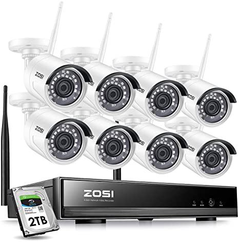 ZOSI 8Channel 1080P WiFi NVR Security Wireless Cameras System and 8Pcs 2.0MP Security IP Cameras Kit & 2TB Hard Drive - Smartphone Easy Remote Viewing Weatherproof 24/7 Reocrding Support