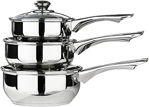 Premier Housewares Stainless Steel Saucepan Set, 3 Piece Set with Glass Lids,Silver,H14 x W40 x D26cm