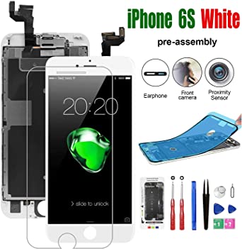 for iPhone 6S Screen Replacement White with Front Camera Earpiece Proximity Sensor, Bsz4uov LCD Touch 3D Digitizer Display for A1633, A1688, A1700, w/Waterproof Frame Adhesive Sticker Repair Tools Kit
