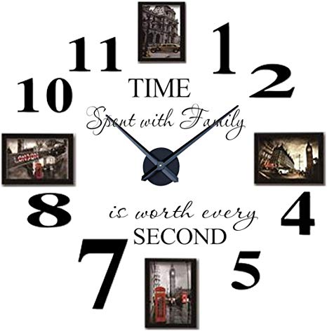 Reliable_E Inspirational Quotes Wall Sticker Photo Frame DIY 3D Wall Clock for Home Decor (black)