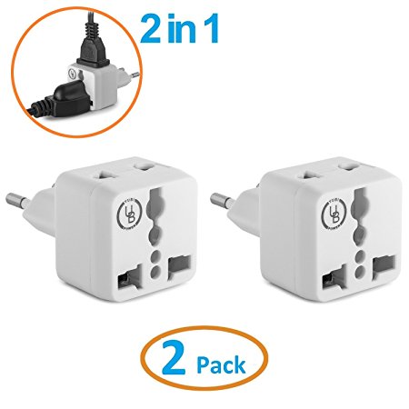 European Plug Adapter by Yubi Power 2 in 1 Universal Travel Adapter with 2 Universal Outlets - 2 Pack - White - Type C for Europe, France, Germany, Russia, Spain & more..