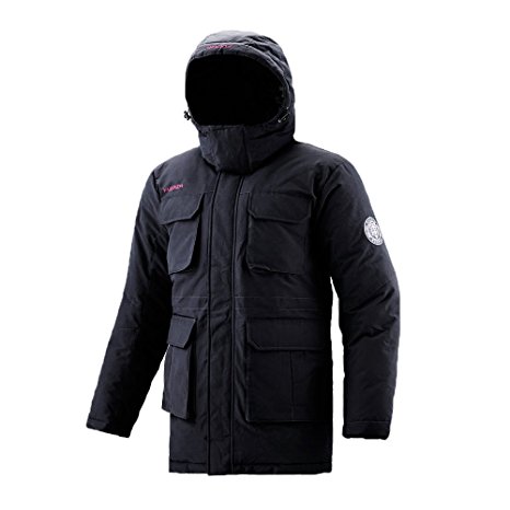 Fuerza Mens Winter Down Wellon Special Collection Mid-Thigh Length Hooded Parka Jacket Coat - Black - Large