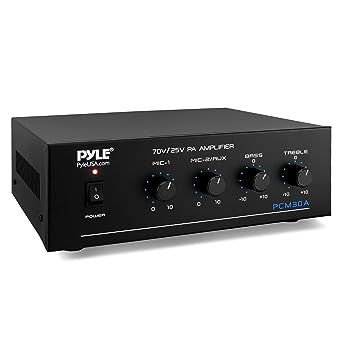 Pyle Compact Mini Home Power Amplifier - 60W Smart Small Indoor Audio Stereo Receiver w/ RCA, 2 Microphone IN, 25/70 Volt Outputs, LED, Input Selector, For PA, Amplified Speaker Sound System - PCM30A