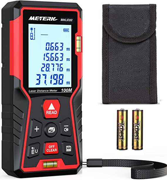 Meterk Laser Measure 328FT Laser Measurement Tool, M/In/Ft Mute Laser Distance Meter with 2 Bubble Levels Backlit LCD - Pythagorean Mode Measure Distance Area and Volume - 30 Groups Data Memory