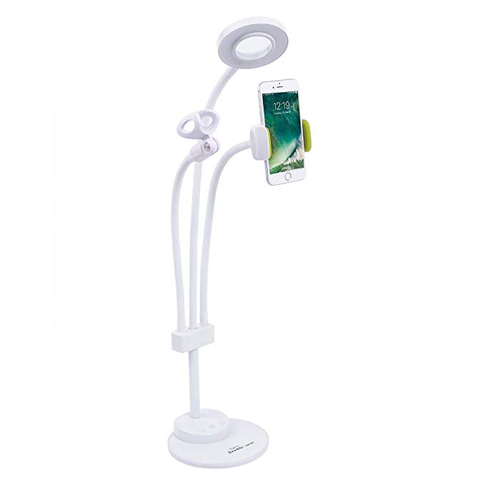 Cell Phone Holder LED Desk Lamp Touch Control Selfie Ring Light Video Chat with Microphone Holder for Live Stream,Flexible Gooseneck Holder Lazy Bracket Table Lamp for Bedroom,Office Ect.