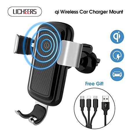 licheers Wireless Car Charger, Gravity Car Mount Wireless Charger Phone Holder for iPhone X/8/8 Plus Samsung Galaxy S8, S8 Plus, S7, S7 Edge, S6 Edge Plus, Note 8 (Silver)