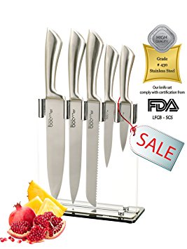 6 Pc. Stainless Steel Kitchen Gadgets Appliances Cutlery Knife Block Set - 8" Chef Bread Carving 4½" Utility 3½" Paring Knives & Stand, For Fruit Chicken Fish Vegetable & More, Best world Class Gift
