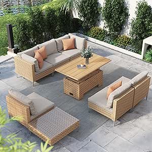 Grand patio 8-Piece Wicker Patio Furniture Set with Lift Top Coffee Storage Table, Outdoor Conversation Set Sectional Sofa with Water Resistant Thick Cushions, Beige