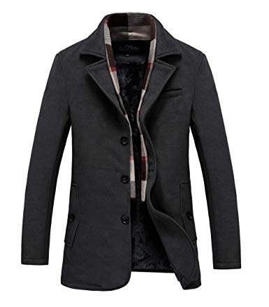 RongYue Men's Wool Blend Classic Pea Coat Winter Single Breasted Peacoat Jacket with Removable Scarf