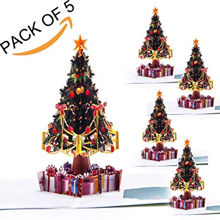 Paper Spiritz Pack of 5 Pop up Christmas Tree Card - 3D Cards Pop up Birthday all Occasion - Thank You Greeting Card for Kids Baby 5 Set