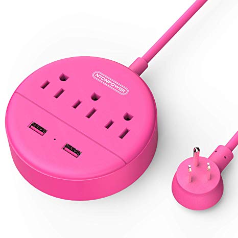 Power Strip with USB - NTONPOWER Pink Travel Power Strip Flat Plug, 3 Outlets and 2 USB Ports Desktop Charging Station with 5ft Extension Cord, Wall Mount, Compact for Cruise Ship, Home and Office