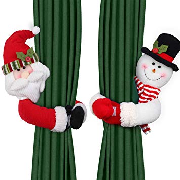 D-FantiX Christmas Curtain Buckle Tieback Set of 2, Santa Snowman Curtain Tiebacks Holdback Fastener Buckle Clamp Window Decorations Wine Bottle Topper Christmas Ornaments Home Holiday Décor