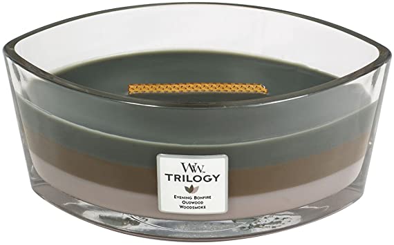 WoodWick Trilogy Cozy Cabin, 3-in-1 Highly Scented Candle, Ellipse Glass Jar with Original HearthWick Flame, Large 7-inch, 16 oz