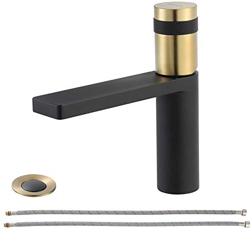 EZANDA Brass Single Handle Bathroom Faucet with Pop Up Drain, Lavatory Faucet with Deck Plate, Faucet Supply Lines & Water Supply Hoses Included, Brushed Gold with Matte Black, 1416410