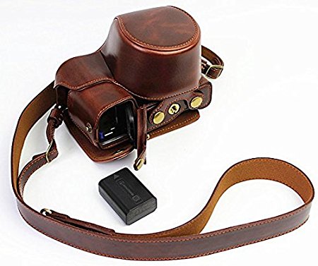 Full Protection Bottom Opening Version Protective PU Leather Camera Case Bag with Tripod Design Compatible For Sony ILCE6000 a6000 with Shoulder Neck Strap Belt Dark Brown