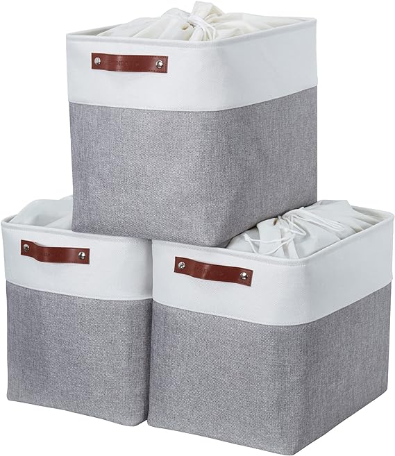 DECOMOMO Storage Baskets 54.5L Storage Bins with Drawstring Cover Extra Large Fabric Baskets for Organizing Laundry Nursery Toys Cloth Linen Closet (Grey/White)