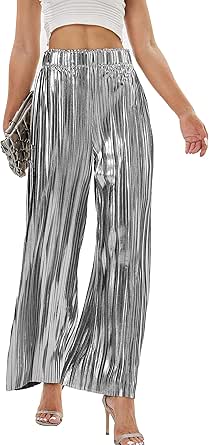 heipeiwa Women's Shiny Pleated Wide Leg Pants Party Nightout High Elastic Waist Trouser Outfit Clubwear