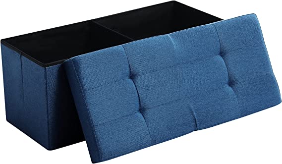 Cuyoca Storage Ottoman Beach Foldable Seat Footrest Shoe Bench End of Bed Storage with Flipping Lid, 75L Storage Space, 30 inches Linen Fabric Dark Blue