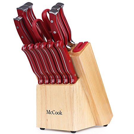 McCook MC24 14 Pieces FDA Certified High Carbon Stainless Steel kitchen knife set with Wooden Block, All-purpose Kitchen Scissors and Built-in Sharpener