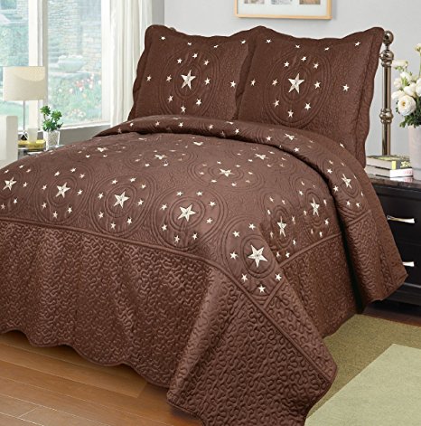 Mk Collection Choclate/brown 3 Pc Bedspread Coverlet Embroiderey Western Lone Texas Star Quilt Set (California King)