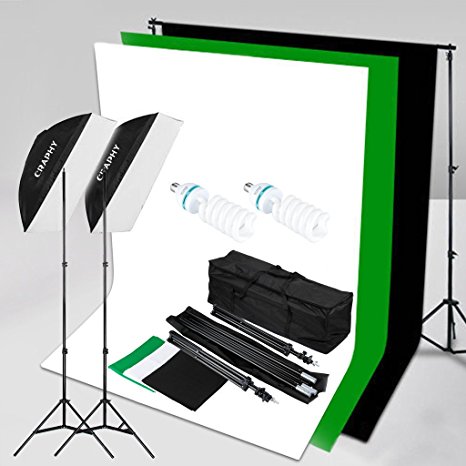 CRAPHY Upgraded 50x70CM Studio Softbox Lighting Kit 2x125W Photography Continuous Lighting for Videos,1.8Mx2.8M Muslin Backdrop Kit (Black,White,Green),125W Bulbs,3Mx2M Backdrop Stand,Portable Bag