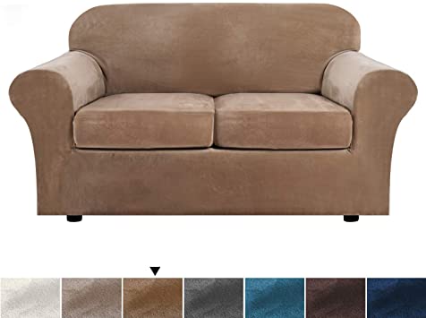 Real Velvet Plush 3 Piece Stretch Sofa Cover Velvet-Sofa Slipcover Loveseat Cover Furniture Protector Couch Soft Loveseat Slipcover for 2 Cushion Couch with Elastic Bottom(Loveseat,Camel)