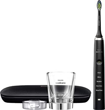 Philips Sonicare DiamondClean Rechargeable Electric Black Toothbrush Bundle: 1 DiamondClean Handle & Brush Head, 1 Charging Glass, 1 Travel Case, 5 Modes Including Deep Clean and Sensitive