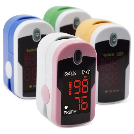 Pulse Oximeter Fingertip Blood Oxygen Saturation Monitor includes case, batteries, silicon cover, and lanyard - Green, Pink, Blue and Yellow