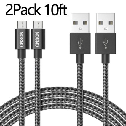 ONSON 2Pack 10FT Extra Long Micro USB Cable Premium Micro USB Cable High Speed USB 2.0 A Male to Micro USB Sync and Charging Cables for Samsung, HTC, Motorola, Nokia, Android, and More (Space Grey)