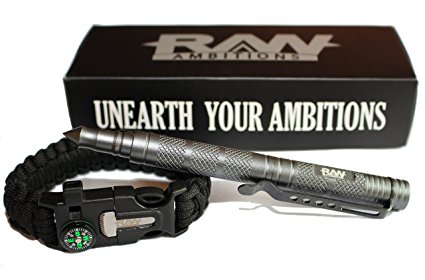 Raw Ambitions Tactical Self Defense Pen with Glass Breaker and 5 in 1 Survival 550 Paracord Bracelet with Compass, Flint Fire Starter, Scraper, and Whistle