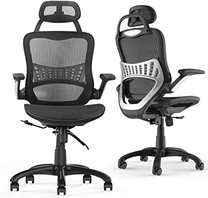 Komene - Ergonomic Office Chair with Folding Armrests, Height Adjustable, Mesh Headrest and Backrest, Executive Swivel Desk Chair (Black)