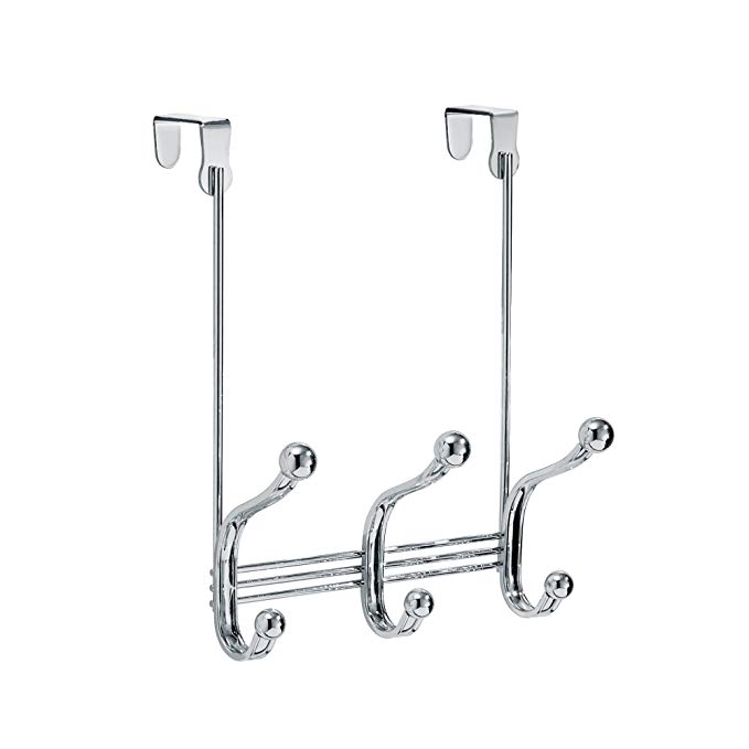 InterDesign York Lyra Over-the-Door 3-Double Hook Rack for Coats, Hats, Robes, Towels – Pack of 2, Chrome