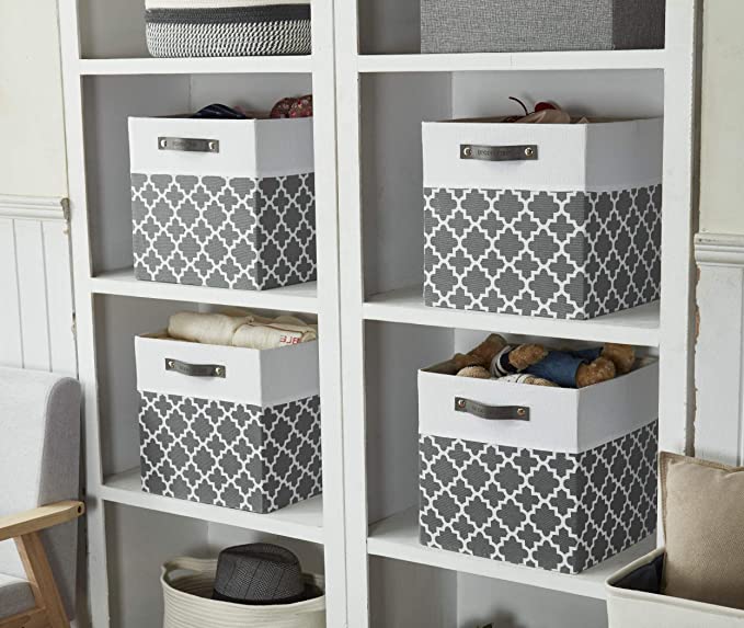 DECOMOMO Foldable Storage Bin [4-Pack] Collapsible Sturdy Cationic Fabric Storage Basket Cube W/Handles for Organizing Shelf Nursery (Grey Pattern and White, 12 x 12 x 12)