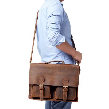 Kattee Crazy Horse Handmade Leather Mens Briefcase Shoulder Hand Bag with Laptop Pocket