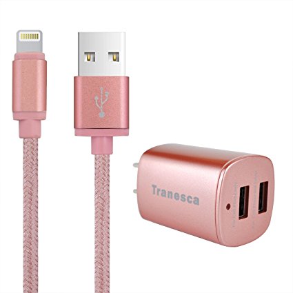 Tranesca Dual USB travel wall charger with foldable plug and 6ft lighting charging cable (Rose gold)