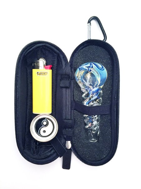 Cool 420 Products Original Mini Smoker's Travel Kit BLACK N' BLUE--3" Charcoal Frit Incense Burner, with Medium Blue Bic Mini Lighter, and Ying-Yang Incense/Herb Grinder