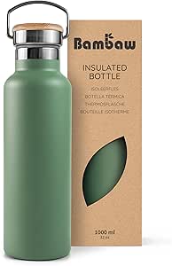 Bambaw 32oz Insulated Water Bottle, Green Stainless Steel Water Bottle, Large Water Bottle Stainless Steel, Hiking Water Bottle, Metal Water Bottle, 32 oz Water Bottle – Sage Green